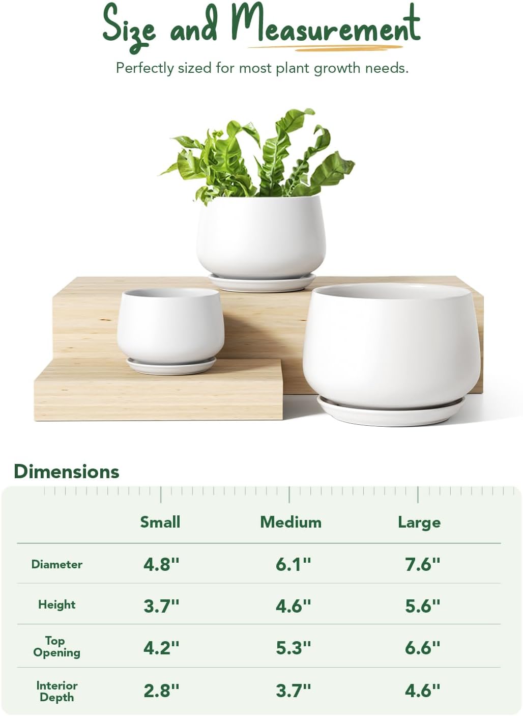 LE TAUCI Ceramic Plant Pots, 4.1+5.1+6.5 inch, Set of 3, Planters with Drainage Hole and Saucer, Indoor Flower Pot with Hole Mesh Pad, Gifts for Mom, White