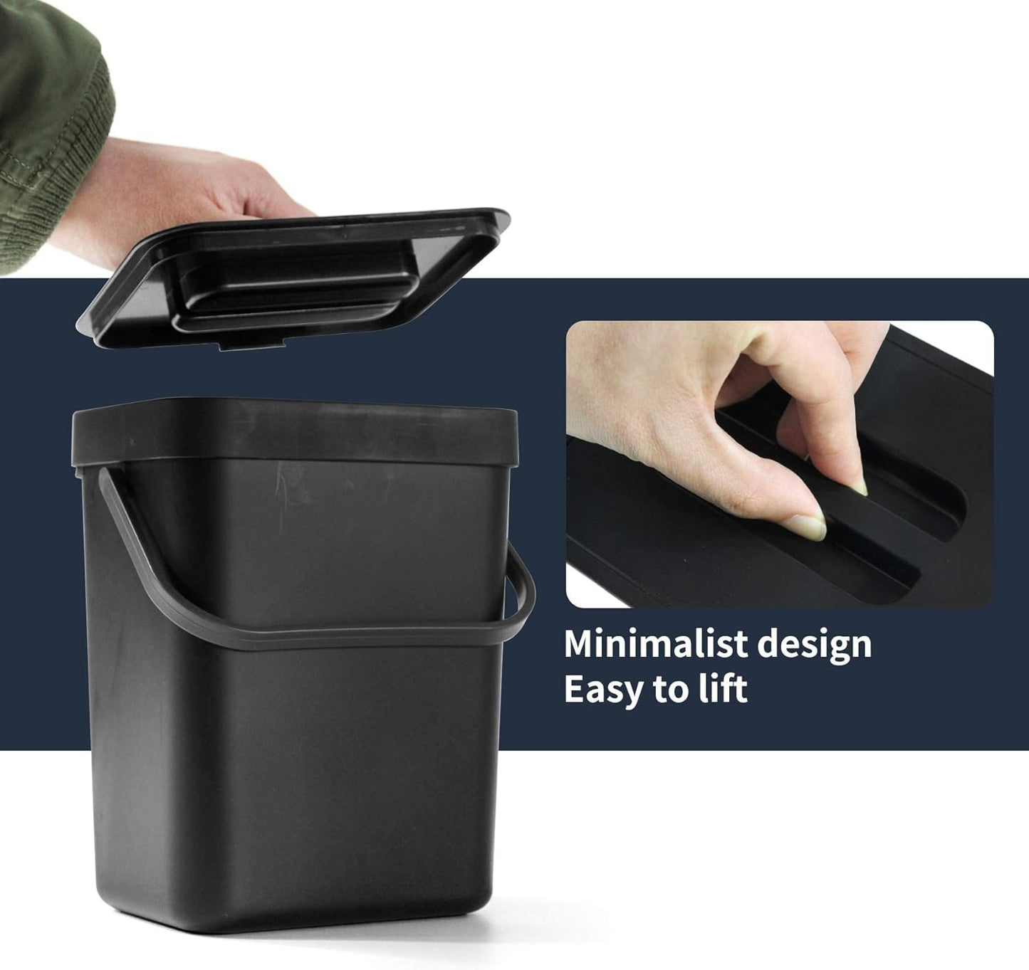 Domiella 2 Pack 1.3 + 0.8Gal Hanging Small Trash Can with Lid, Kitchen Compost Bin for Counter Top Under Sink, Sealed Food Waste Bin, Mountable Indoor Compost Bucket for Cupboard/Bathroom (Black)