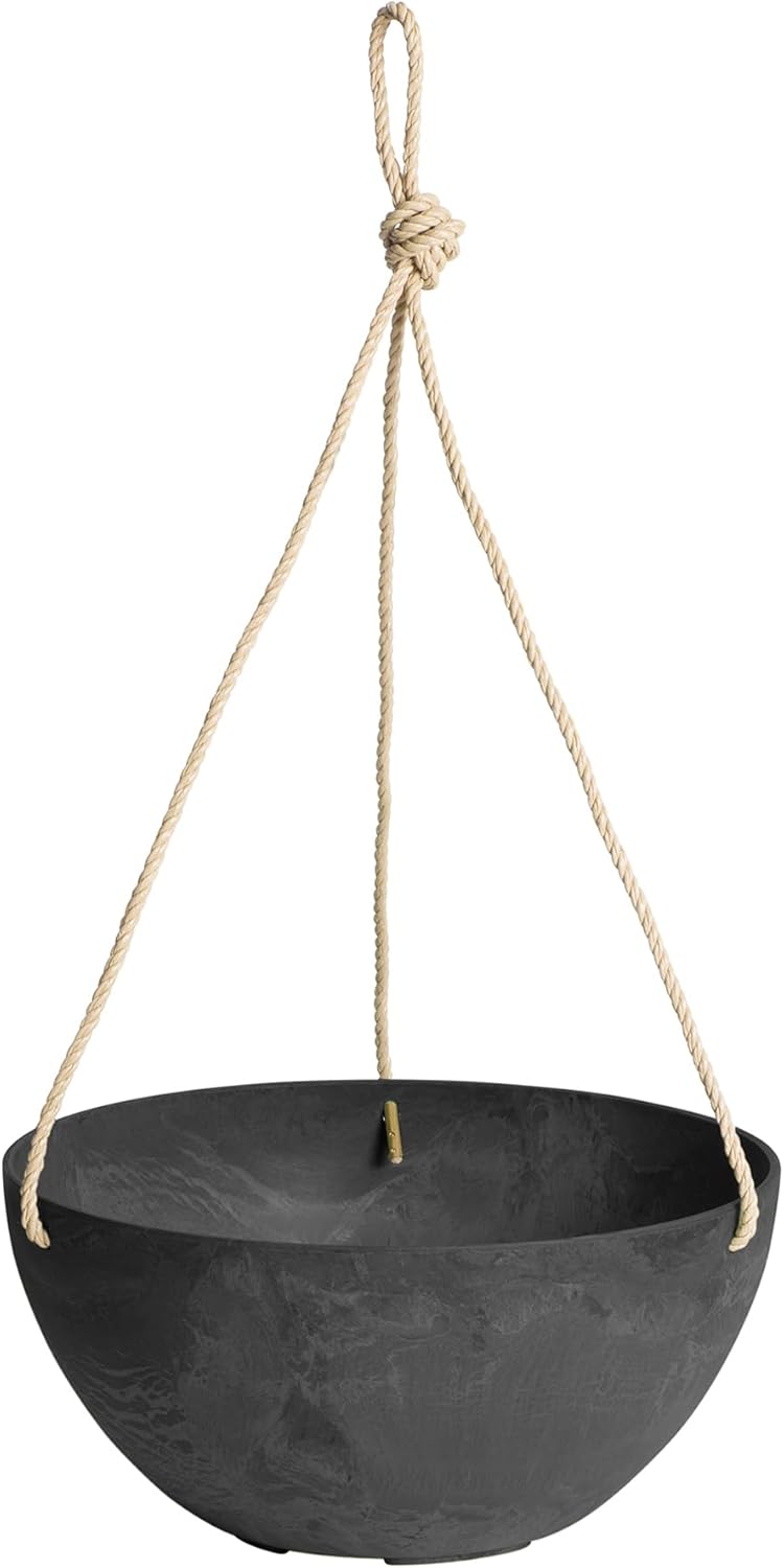 Root & Vessel Self Watering Hanging Planter for Indoor or Outdoor Plants, Unique Marbled Hanging Basket Made of Eco-Friendly Blend of Stone & Plastic, Black, 10"