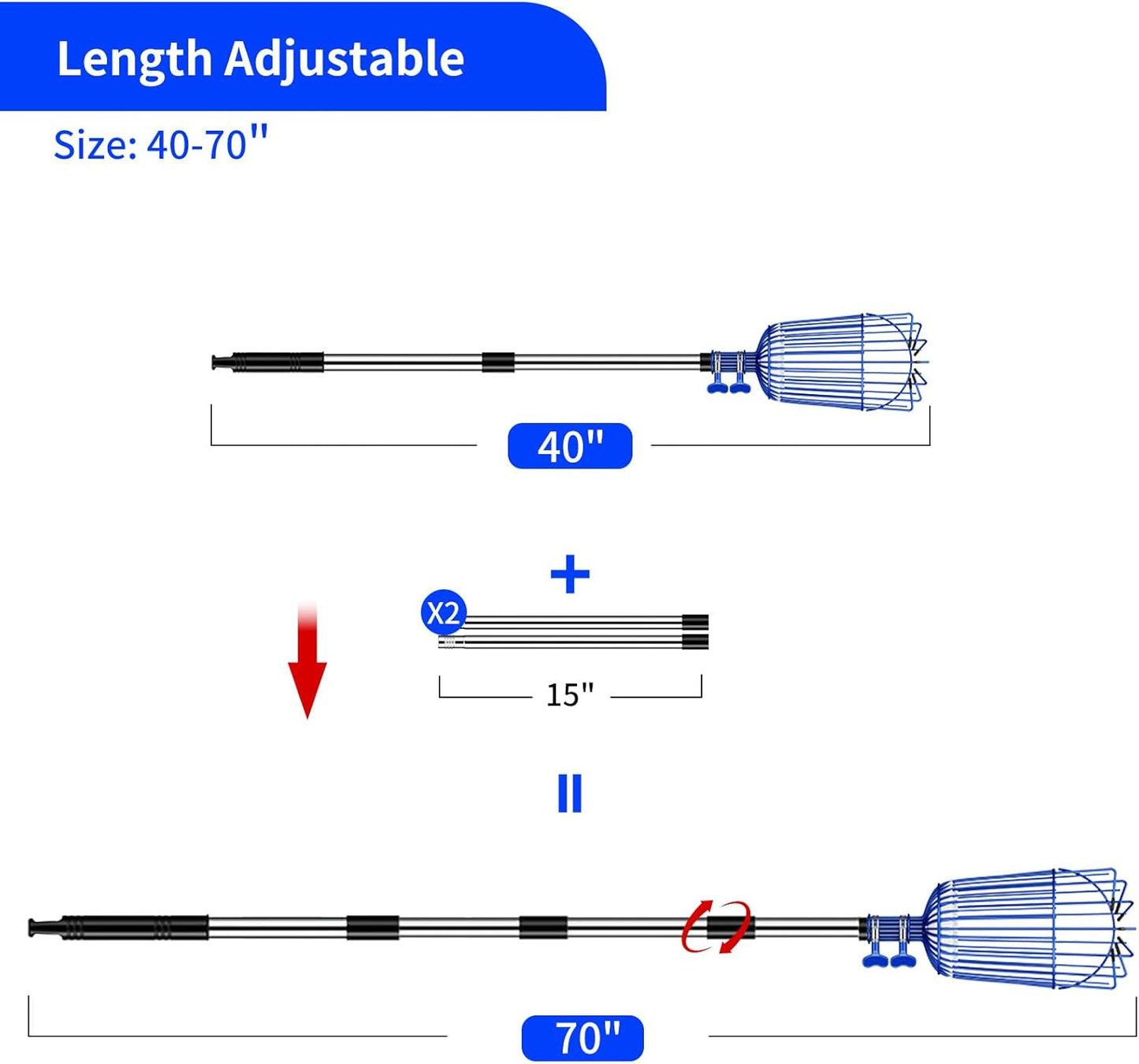Fruit Picker Pole with Basket Segmented Fruit Picker Pole Tool for Apple Avocado Cherry Lemon Mango Orange Peach Picking(40-70”)