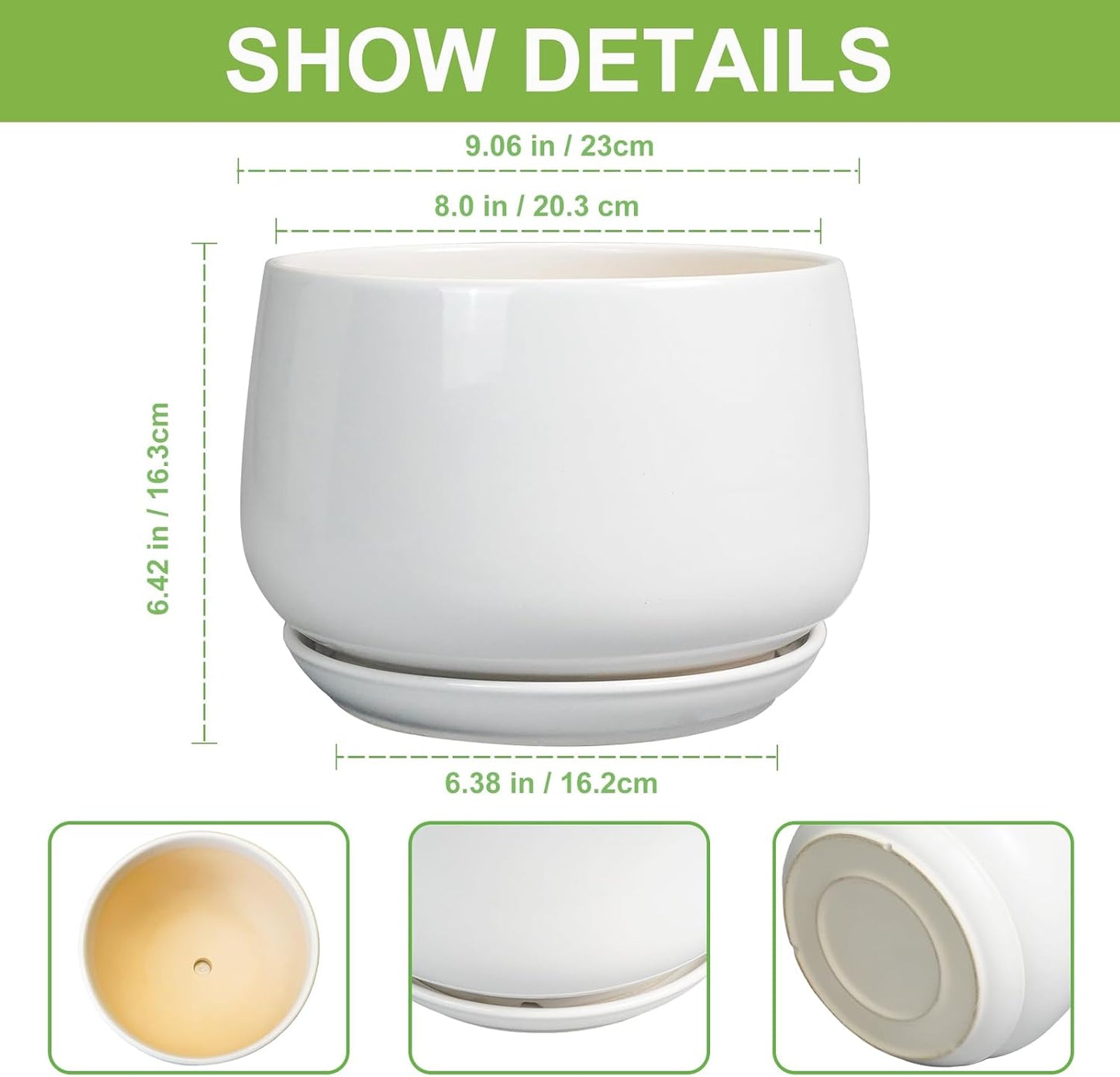 G EPGardening Ceramic Planter 9 Inch - Plant Pots with Drainage and Ceramic Saucer, Flower Pots for Indoor Plants, Modern Outdoor Planter, Living Room Decor, Gifts for Plant Lovers, White