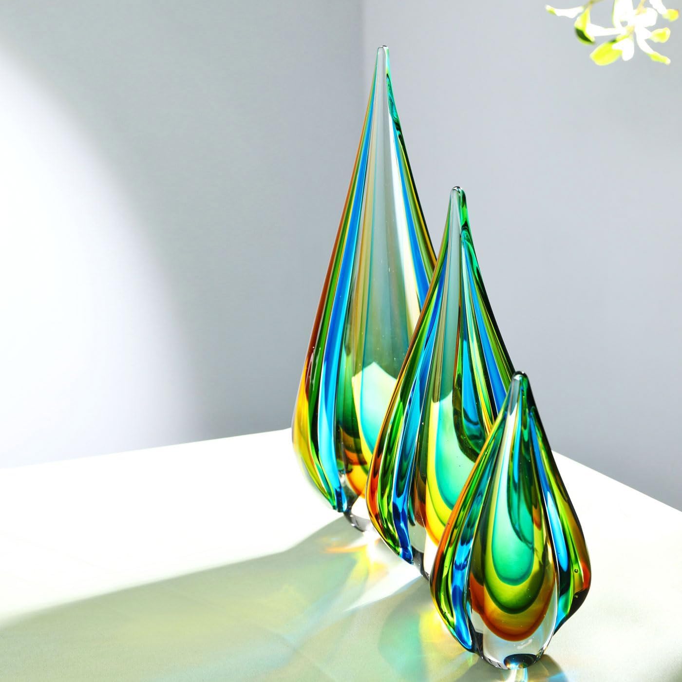 Luxury Lane Hand Blown Green Flame Teardrop Sommerso Art Glass Sculpture for Home Decor 18 inch Tall Centerpiece Table Decoration