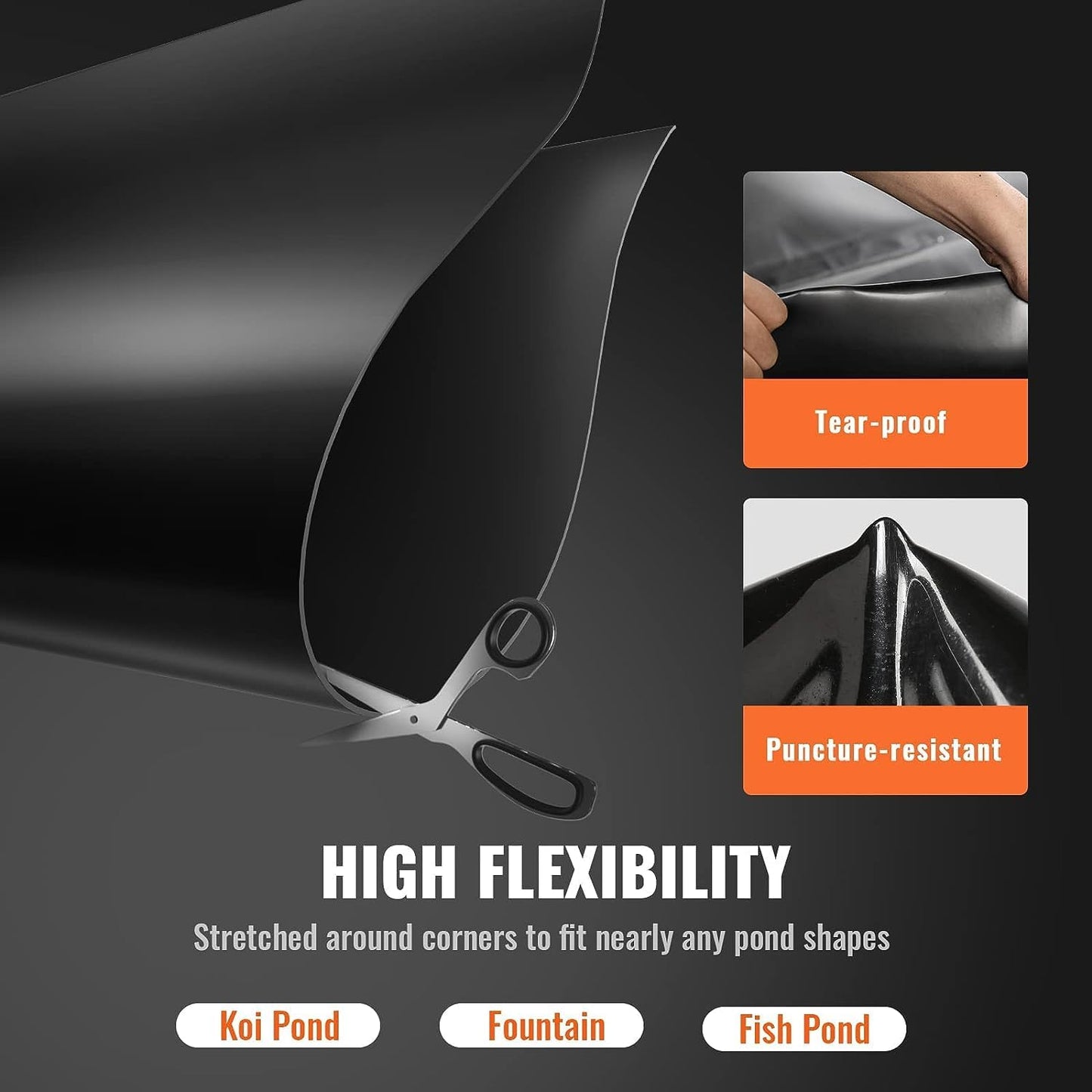 VEVOR 15 x 20 ft Pond Liner, 45 Mil Thickness, Pliable & Durable EPDM Material, Easy Cutting Underlayment for Fish or Koi,Waterfall, Fountains, Water Gardens, Black