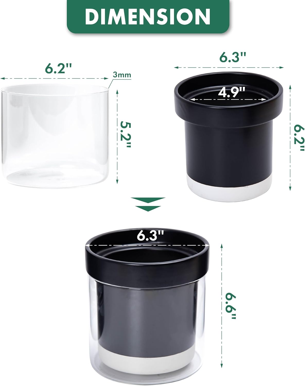 Phoenix Vine 6 Inch Self Watering Terracotta Planter, Black Terracotta Clay Pot with Glass Reservoir for Indoor Plants, Herbs, Flowers, Set of 1, 52-C-F-1