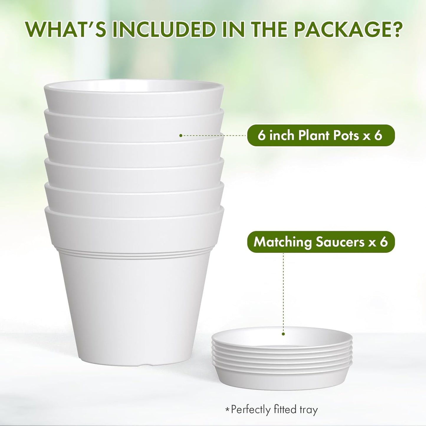 6 Inch Thick Plastic Plant Pots with Drainage Holes and Trays – 6 Pack Nursery Pots for Indoor & Outdoor House Plants, Seedling Starter Planters for Garden Flowers, White