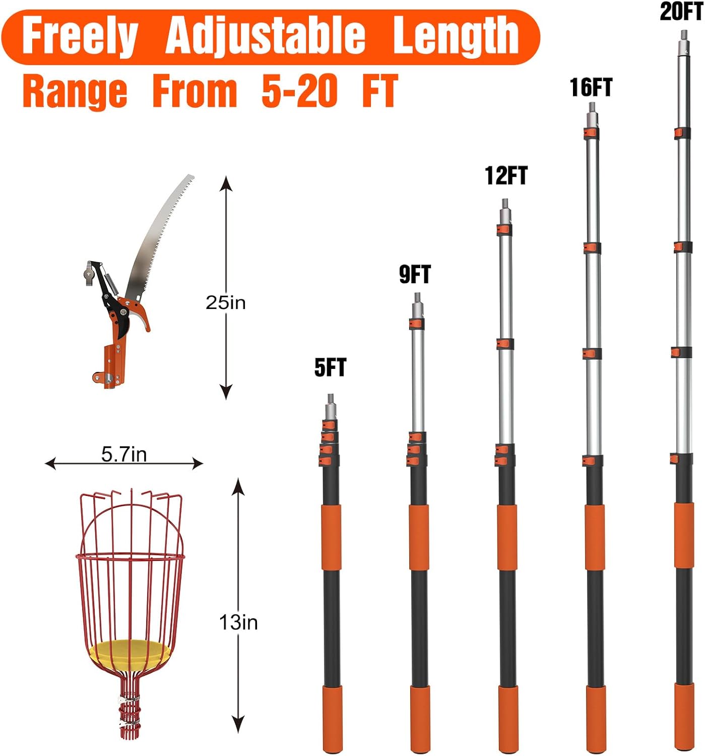 26FT Reach Fruit Picker Pole with Basket Telescoping, Apple Picker with Tree Trimmer and 5-20FT Extension Pole for Orange Lemon Mango Avocado Guava Fruit Picking