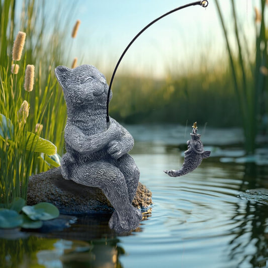 Cat Fishing Statue Garden Decor – 9.8" Weatherproof Resin Cat Fishing Sculpture Decor for Fish Ponds, Koi Ponds, Waterfalls, Poolside & Outdoor Gardens– Resin Figurine for Indoor & Outdoor Décor