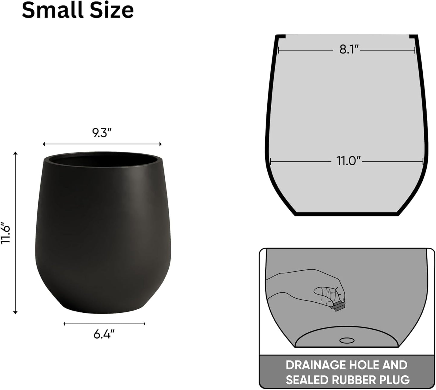 DTY Signature Mount Wilson Lightweight and Durable Modern Fiberstone Tapered Planter for Indoor Outdoor Drainage Hole & Rubber Plug Weather Resistant, 11.8" H x 11" Dia (8" Opening) - Small, Black
