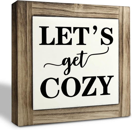 Inspirational Wood Signs, Box Wood Plaques Desk Décor, Farmhouse Home Decor Sign for Shelf, Family Table Decor for Kitchen Bedroom Dining Room, Living Room Decor, Housewarming Gift, Let's Get Cozy
