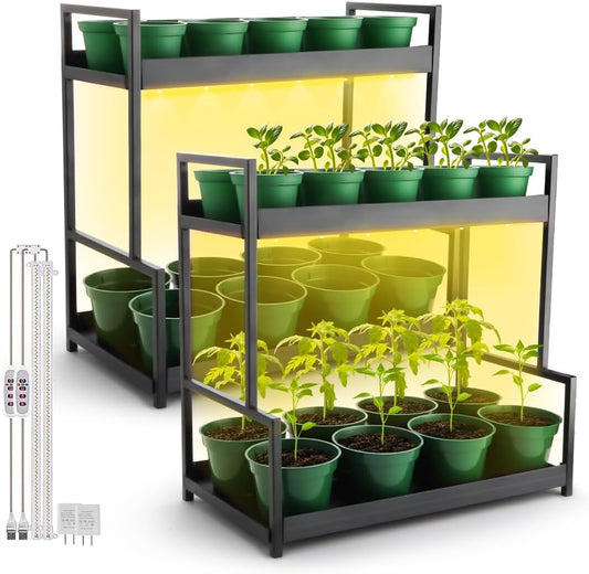 2-Pack Dual Tier Plant Stand with Grow Light and Green Plastic Nursery Pots for Plants, Indoor Gardening Kit for Herbs, Succulents, Seedlings & Small Plants Gardening Gifts