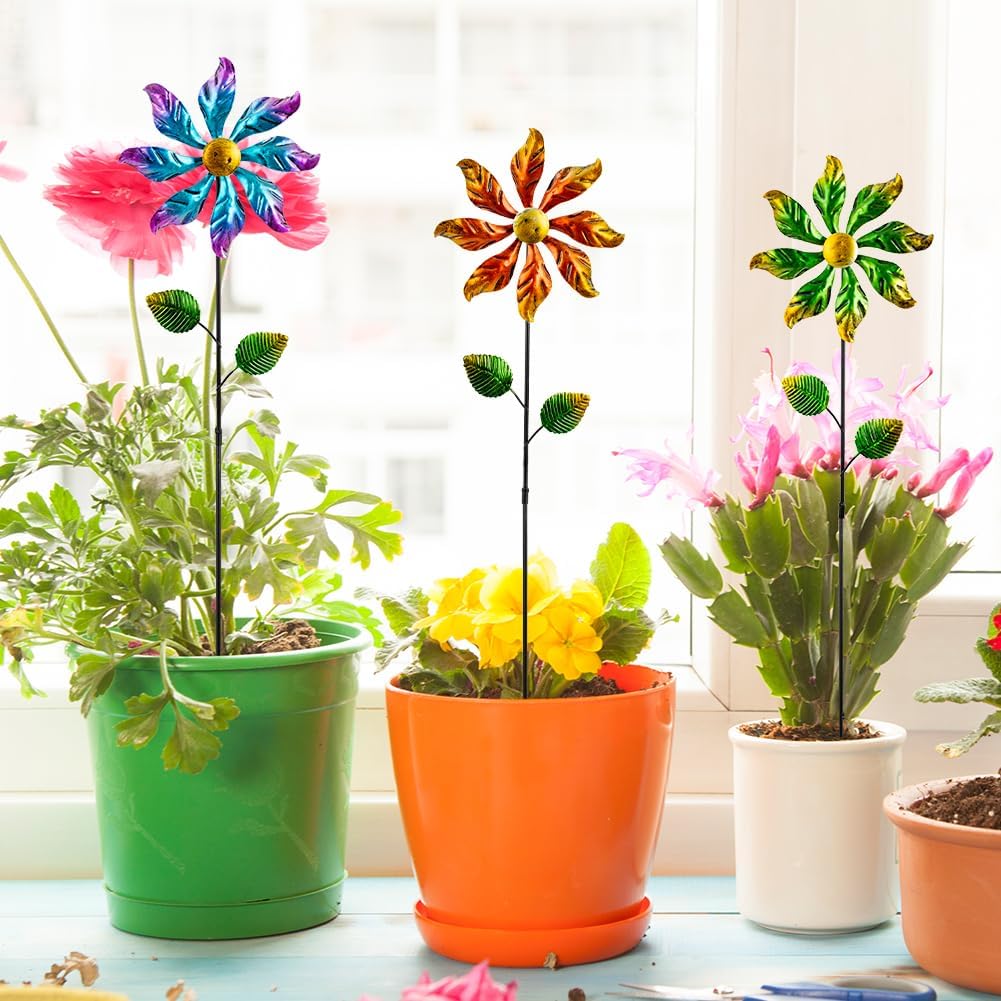 DREAMYSOUL 3 Packs Metal Flowers Wind Spinners Outdoor, Pinwheel Decorative Garden Stakes, Metal Wind Spinner for Yard and Garden Decor