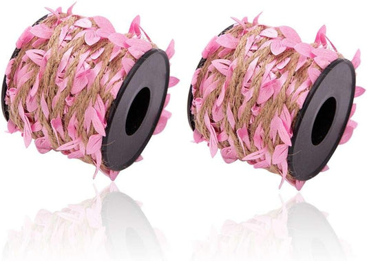 Burlap Leaf Ribbon 2 Rolls 66 Feet 5mm Jute Burlap Twine Vine with Artificial Leaves for Crafts Jungle Garland Party Wedding Garden Home Decoration Pink