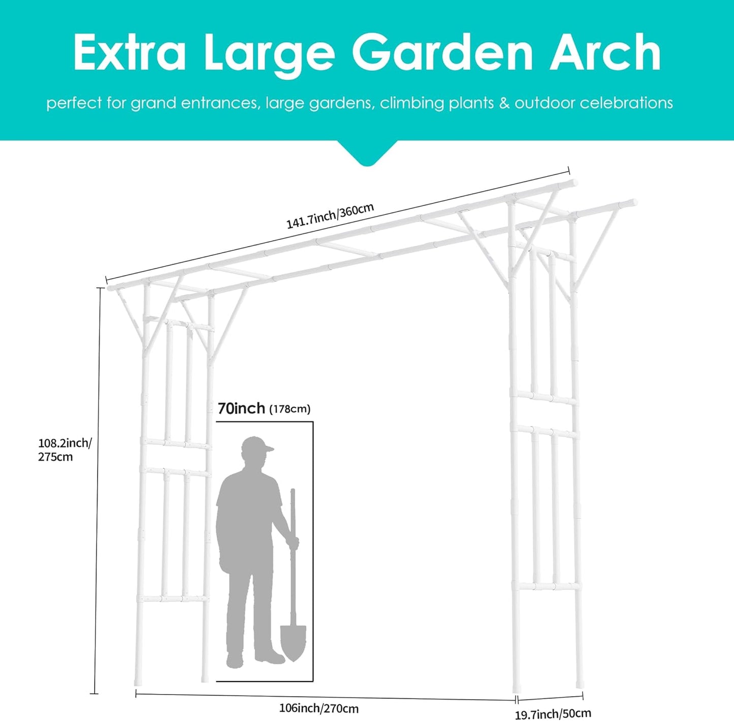Flat Top Garden Arch Trellis 11FT x 9FT, Extra Large Garden Trellis for Climbing Plants Outdoor, 141.7in x 108in PE-Coated Metal Arbor Archway Trellis for Roses,Wisteria,Wedding,Patio Decoration White
