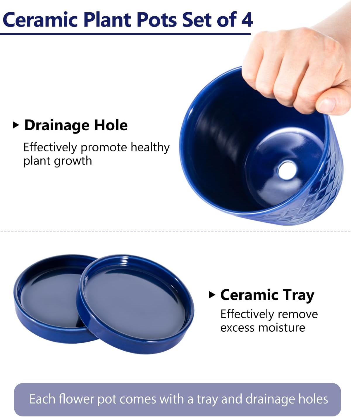 EFISPSS Ceramic Plant Pots, 5Inch Pots for Indoor Plants, Planters with Drainage Holes and Ceramic Tray,Plant Lover Gift, Desktop Office Windowsill Decoration Gift Set of 4 - Blue