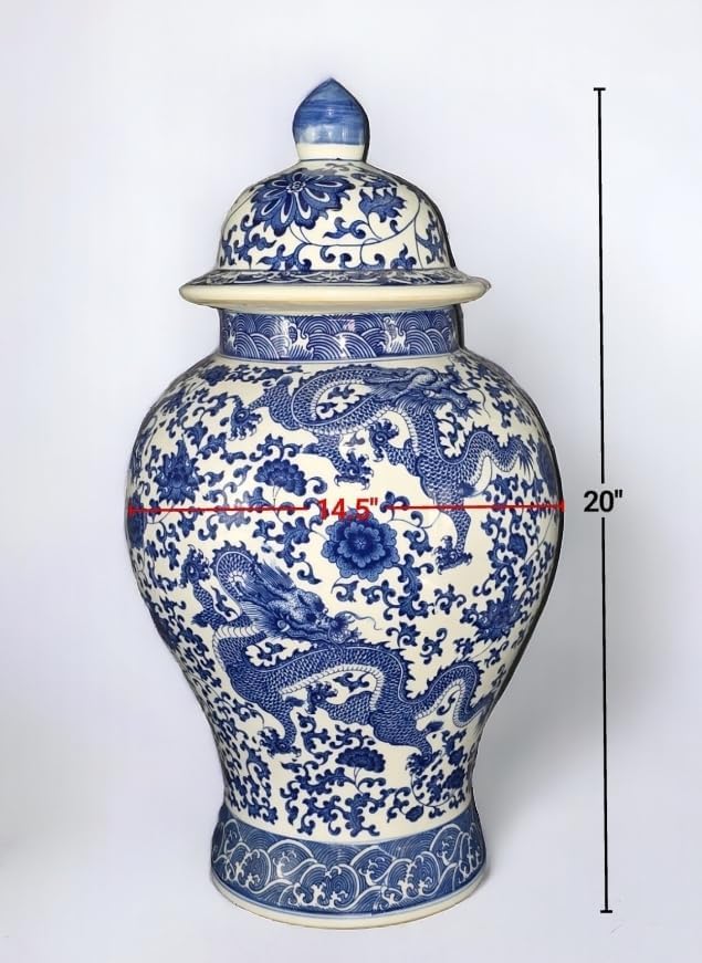 20" Classic Blue and White Floral Porcelain Ceramic Temple Ginger Jar Vase, Large China Qing Style (Dragon1)