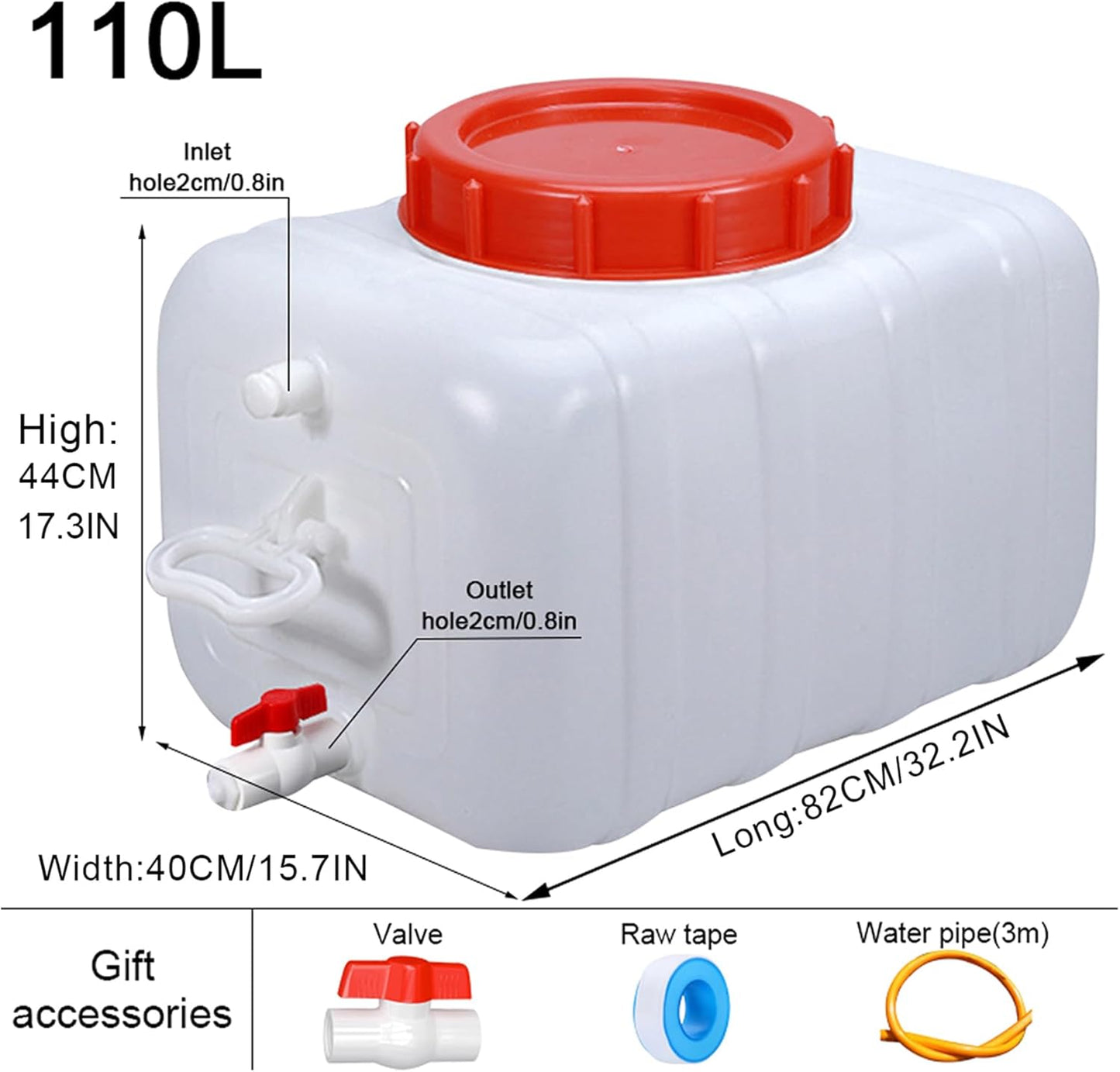 Heavy Duty Water Container Plastic Water Storage Carrier with Tap 50l 80l 110l 200l Water Tank Water Bottle Dispenser for Camping Caravan Hiking Outdoor(Size:110L)