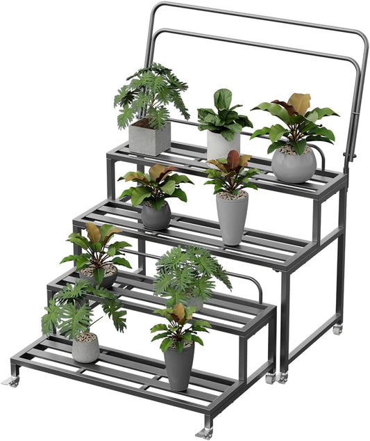 Metal Plant Stand for Outdoor Indoor, 4-Tier Aluminum Plant Stands, Multiple Plants Shelf with Universal Wheel, Flowers Pot Holder Rack for Lawn Garden Balcony Patio