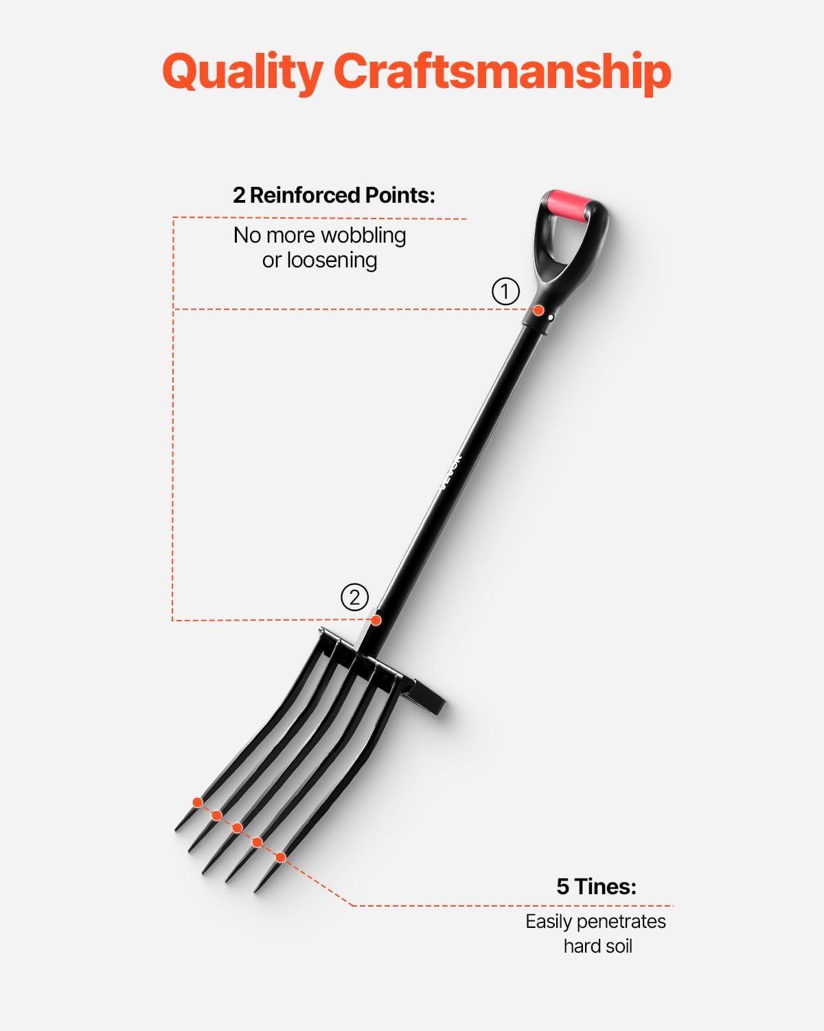 VEVOR Garden Fork, 5-Tine Gardening Pitchfork with Metal Handle, 41 in Heavy Duty Digging Fork with Y Grip, Forged Steel Spading Fork for Hay Potato Composting Transplanting Aeration