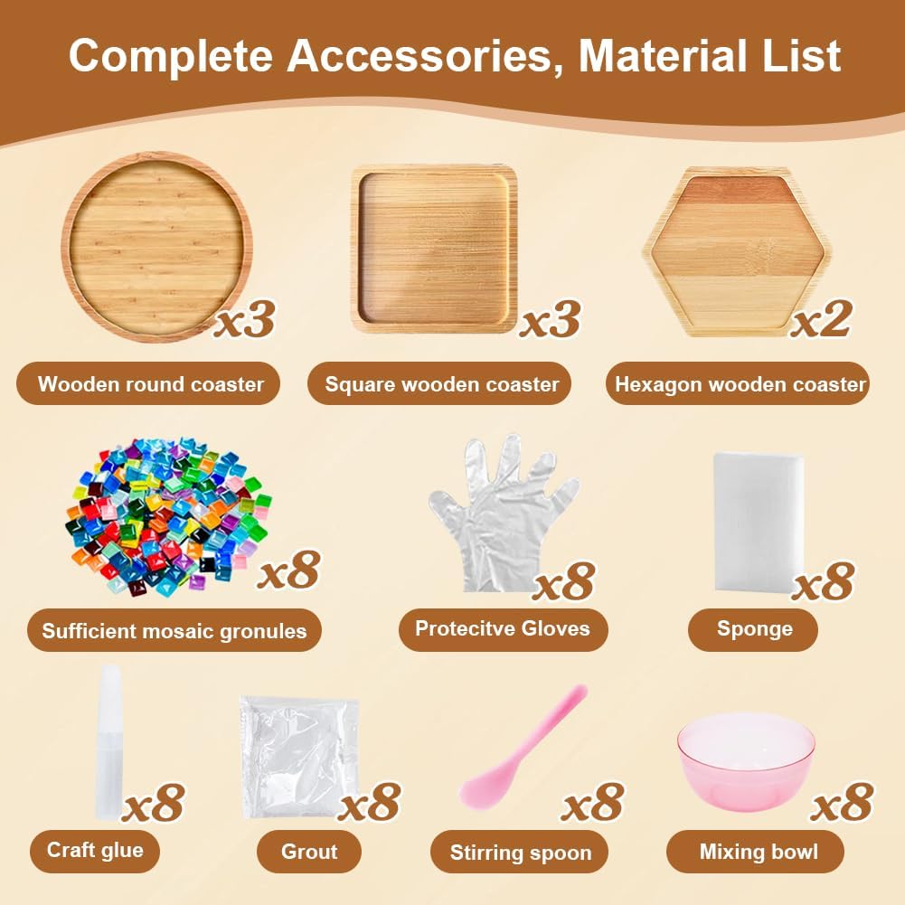 Ukontagood 8 Pcs DIY Mosaic Coasters for Crafts, Mosaic Tiles Coaster for Handmade Home Decoration, and Daily Presents, Mixed Color Mosaic Kits with Wooden Coaster