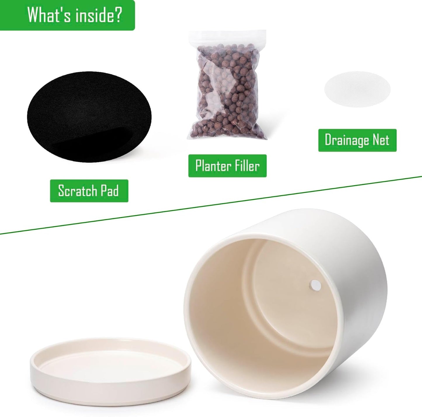 D'vine Dev 10 Inch Ceramic Planter Pot with Drainage Hole and Saucer, Indoor Cylinder Round Planter Pot, Oatmeal, 94-O-E-8