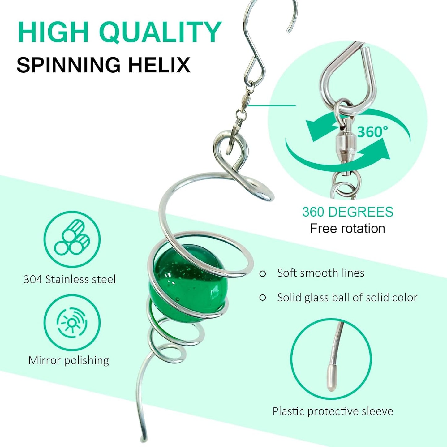Wind Spinner Tail with Green Glass Orb,Gazing Ball Spiral Tail,Wind Spinners Stabilizer,Visual Illusion in Spinning Hanging Rotating Art Decor,Indoor Outdoor Garden Decoration-13in