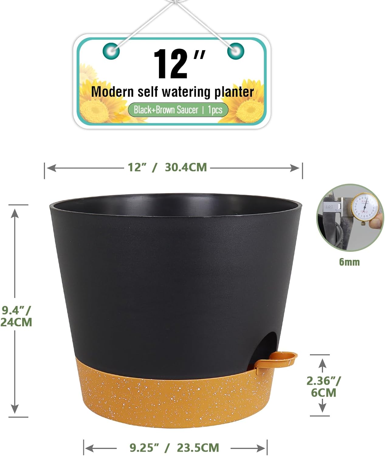 12 inch Large Self Watering Pots, Plant Pots with Mesh Drainage Holes for Indoor Outdoor Plants, Plastic Planters with Deep Reservoir for Garden House Flower Plants, Black with Brown