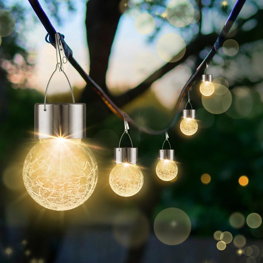 Solar Outdoor Lights Decorative 12 Pack, Hanging Solar Garden Lights Waterproof, Solar Powered Globe Cracked Glass Ball Lantern for Yard Patio Fence Tree Umbrella Holiday Decoration, Warm White