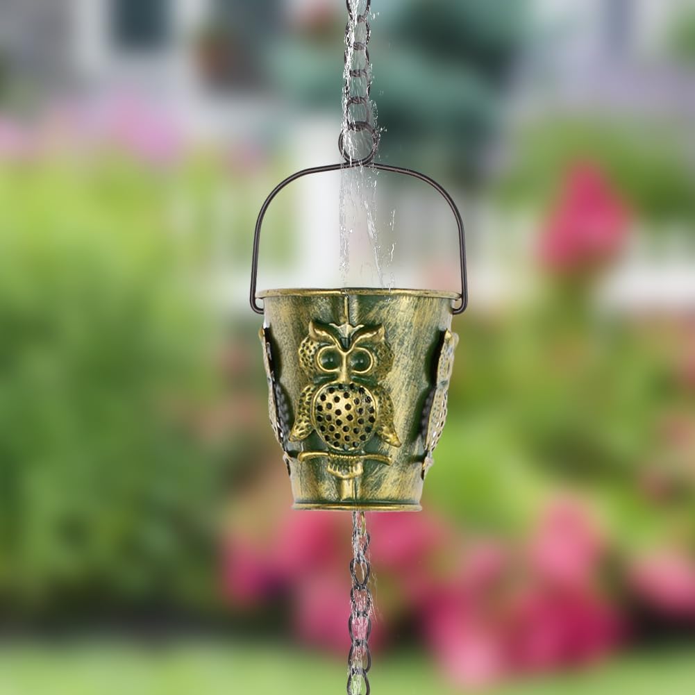 10Ft Rain Chains for Gutters, Metal Rain Catcher Chain for Eaves Drainage, 12 Cups Rain Gutter Chains with Owl Decor, Adjustable Rain Water Chain for Outdoor Decor