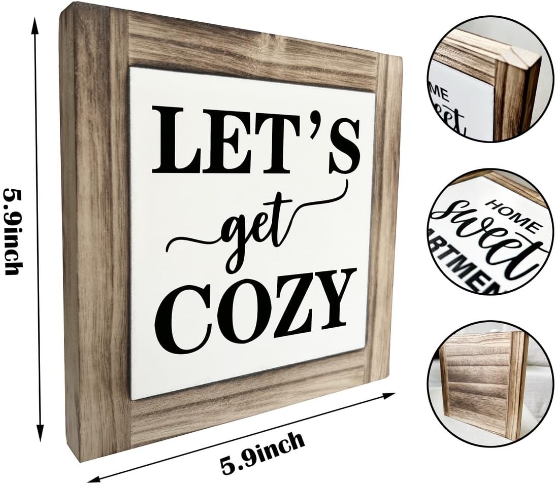 Inspirational Wood Signs, Box Wood Plaques Desk Décor, Farmhouse Home Decor Sign for Shelf, Family Table Decor for Kitchen Bedroom Dining Room, Living Room Decor, Housewarming Gift, Let's Get Cozy