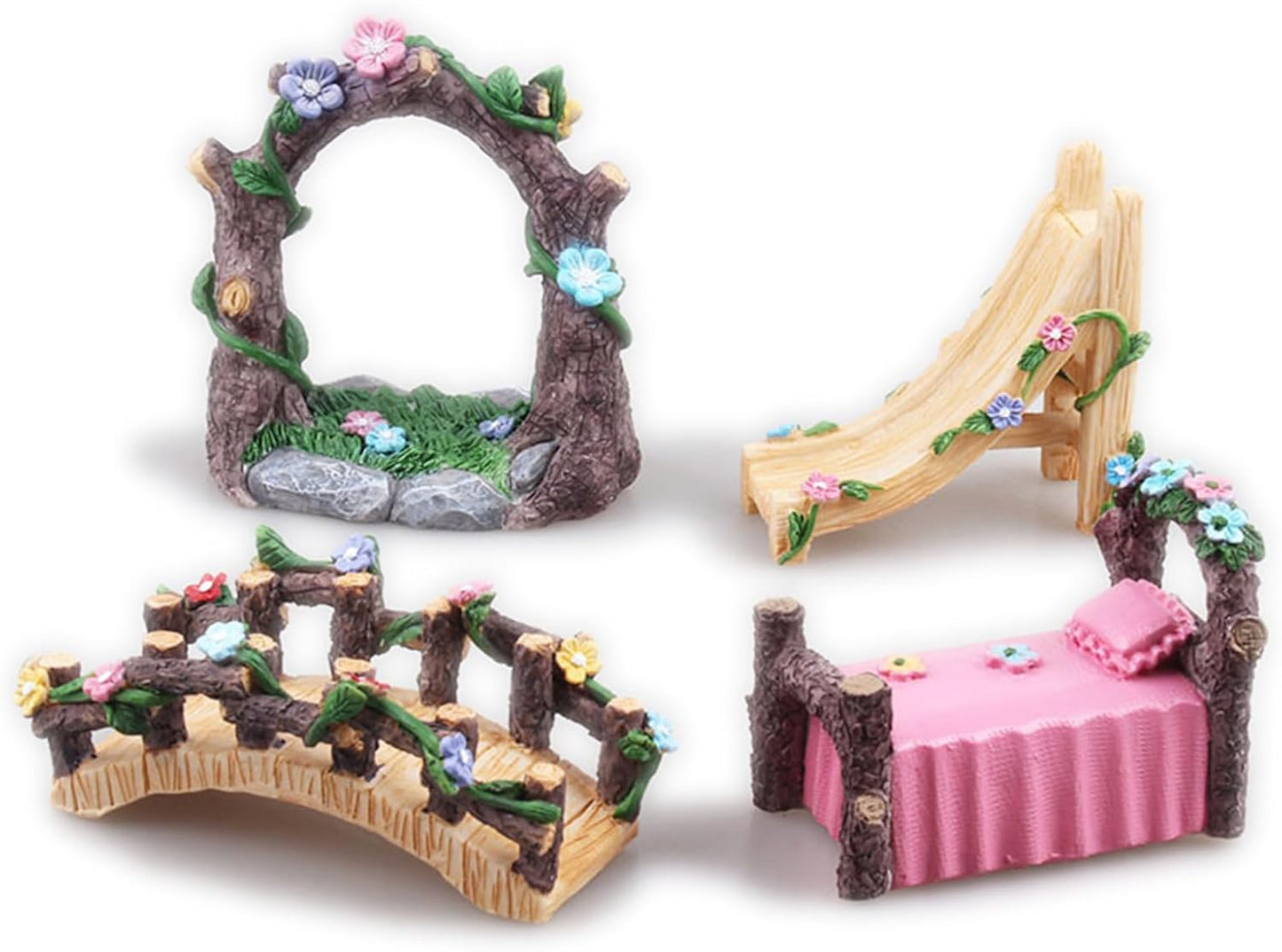 Kai Dream Miniature Fairy Garden Accessories Set, 4 Piece Resin Decorative Landscape Kit with Arch, Bridge, Bed and Slide, Floral Garden Ornaments