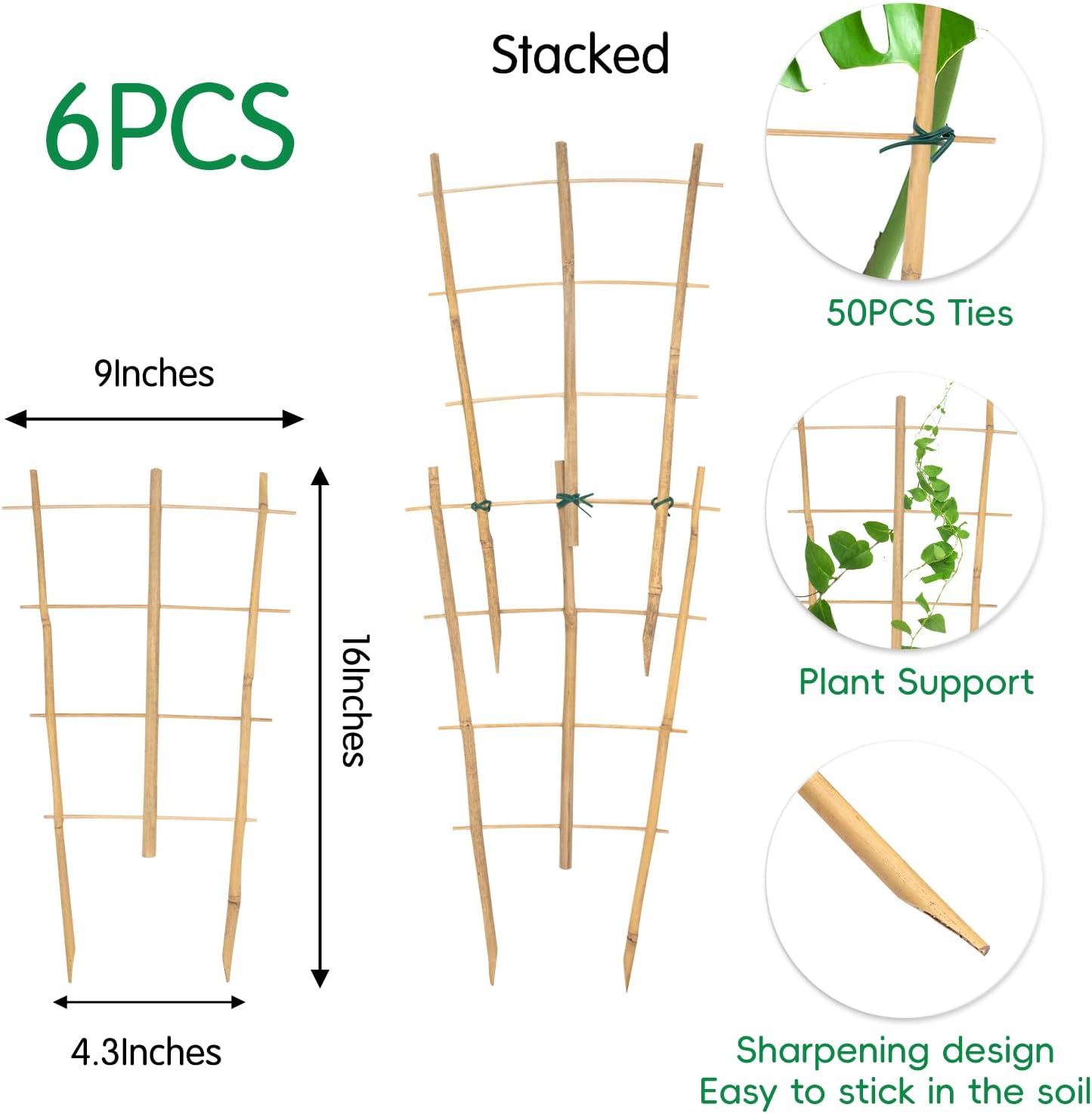 Garden Bamboo Trellis 16 Inch Fan Shaped Small Plant Trellis,Natural Wood Trellis for Climbing Plants Orchid Monstera Indoor Potted Plants-6 Pack