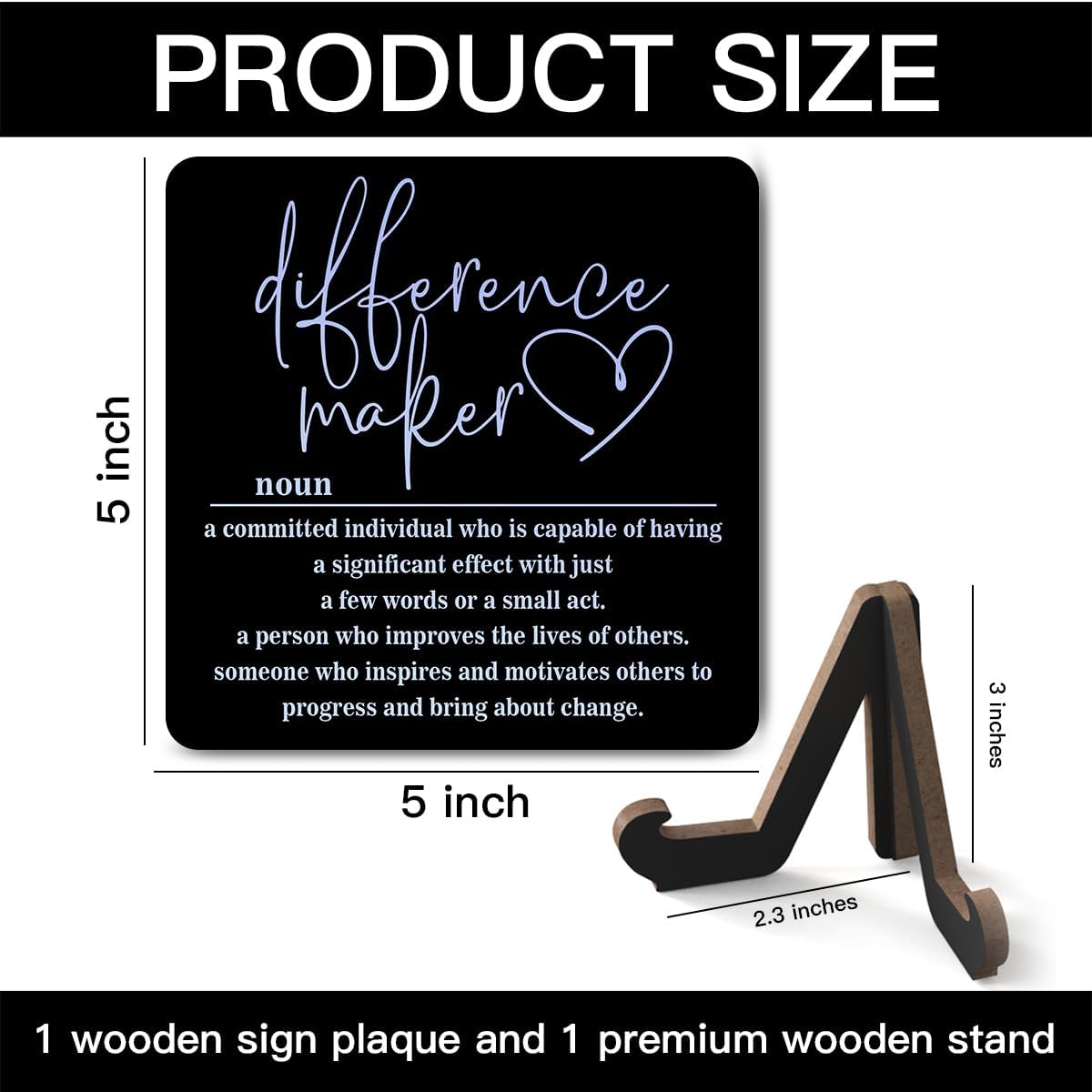 Wooden Table Sign Office Decor Difference Maker Definition Desk Decor Wood Plaque With Stand Thank You Gifts for Boss Women Best Mom Coworker Teacher Office Desk Accessories(Black)-C04