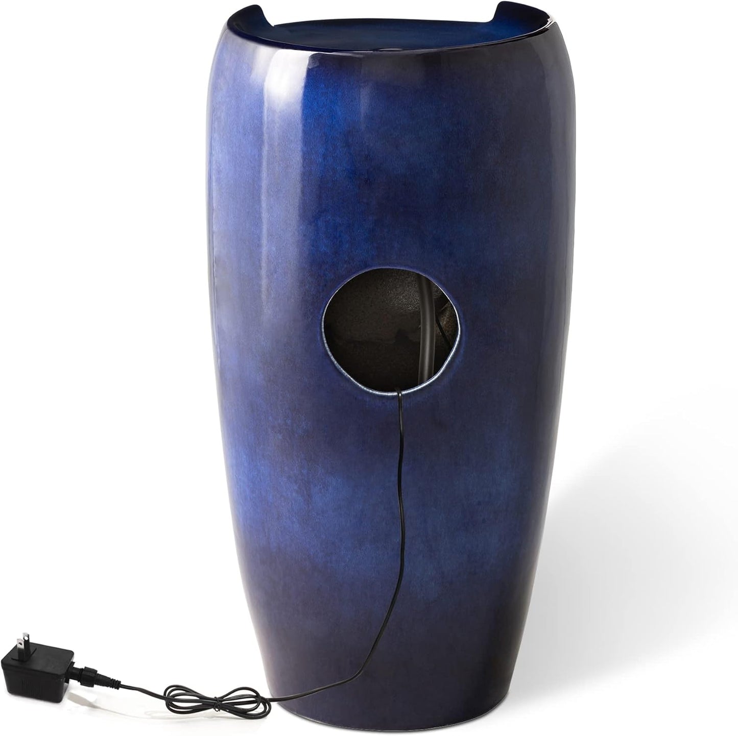 Glitzhome 29.25" H Oversized Ceramic Vase Outdoor Water Fountain Tall Patio Garden Water Fountain with LED Light and Submersible Pump Yard Art Decor, Cobalt Blue