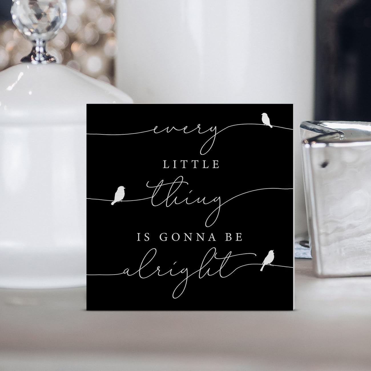 Every Little Thing is Gonna Be Alright Birds Wooden Box Sign Farmhouse Wood Box Sign Spring Art Blocks Desk Shelf Tabletop Home Decor 5 X 5 Inch (Black)