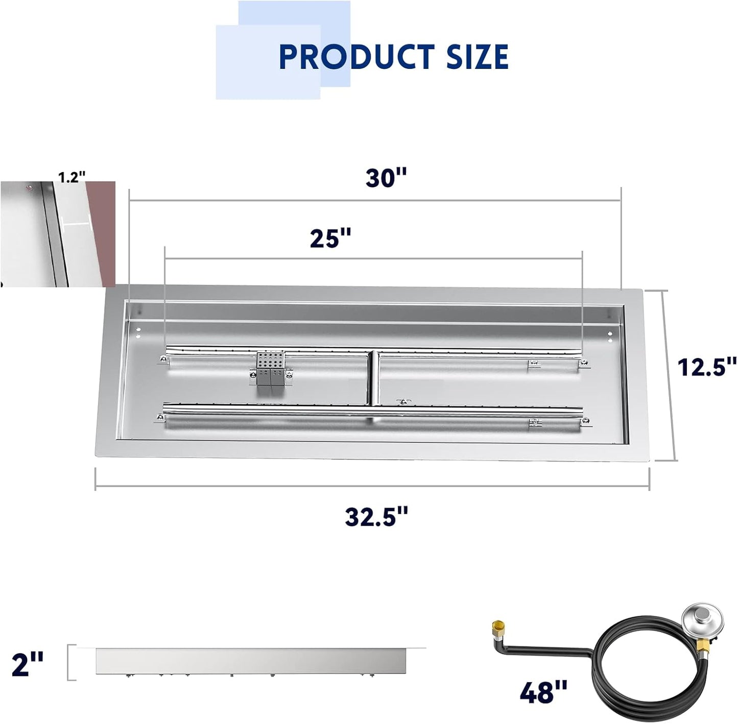 Skyflame 30" Rectangle Stainless Steel Fire Pit Drop-in Burner Kit with Extinguishing Protection Device, Electronic Spark Ignition, and Propane Regulator Hose Set
