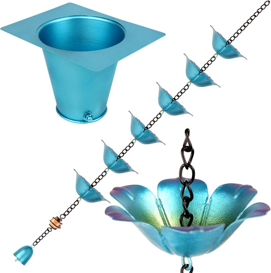 9FT Wrought Iron Rain Chain Set with 1 Adapter,Rain Chains for Outside with Rain Chain 16 Cups Flowers and Decorative Small Bell (Blue-Purple)