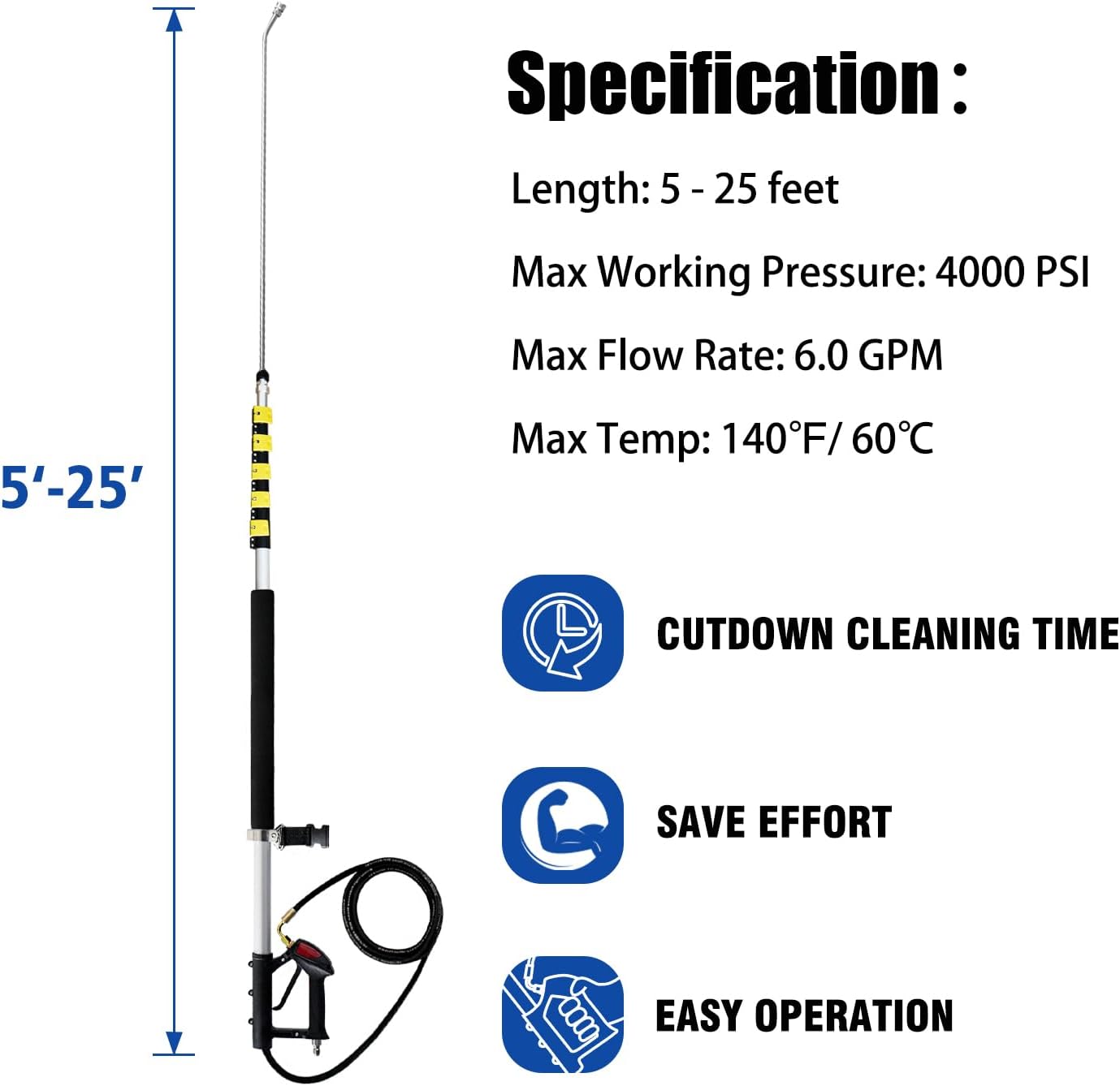 RAYNEL 25FT Telescoping Pressure Washer Extension Wand with Brush Head,2 Power Washer Extension Wands, Gutter Cleaner Attachment,7 Spray Nozzle Tips,Support Belt and 2 Hose Adapters