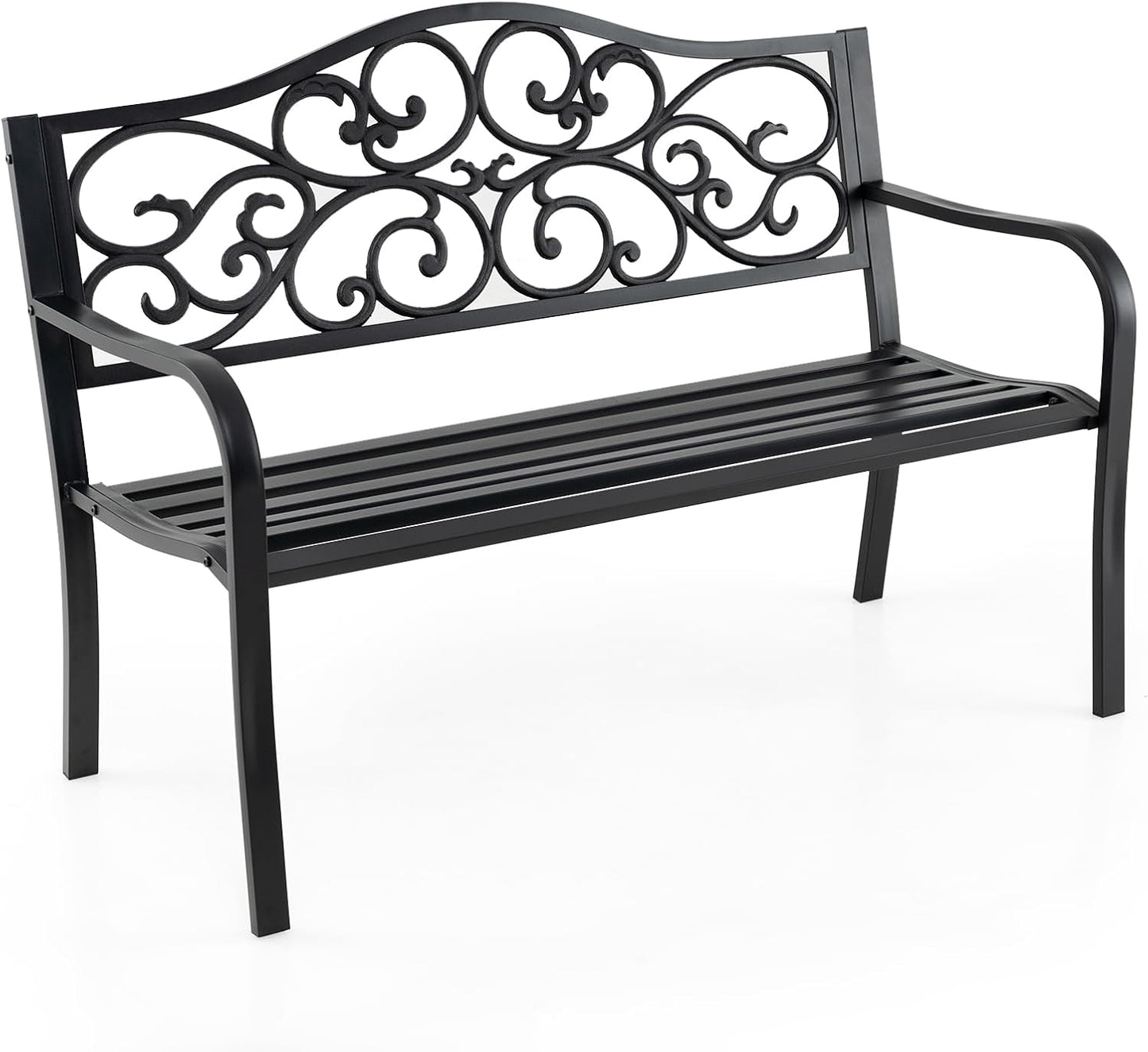 Tangkula 50 Inches Outdoor Garden Park Bench, Cast Iron Metal Patio Bench with Floral Design Backrest, Armrests and Slatted Seat, Outdoor Loveseat Chair for Porch, Lawn and Yard, Black
