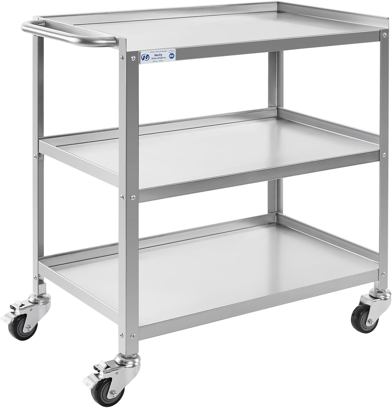 Hally Stainless Steel Utility Cart 3 Tier NSF Commercial Heavy Duty Metal Mobile Food Rolling Cart with Handle and Wheels for Kitchen, Restaurant, Hospital, Laboratory and Home, 31" L x 19" W x 34" H