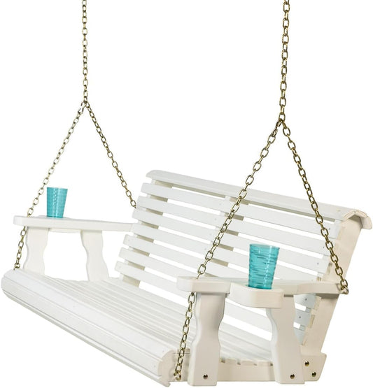 Amish Casual 5 Foot Roll Back Porch Swing with Cup Holders in Semi-Solid White Stain - Amish Made in The USA from Treated Pine Heavy Duty 700 Lb. Weight Capacity