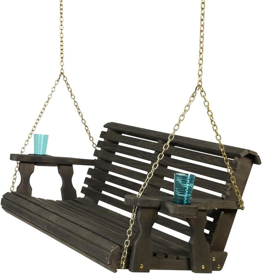 Amish Casual 4 Foot Roll Back Porch Swing with Cup Holders in Semi-Solid Black Stain - Amish Made in The USA from Treated Pine Heavy Duty 700 Lb. Weight Capacity