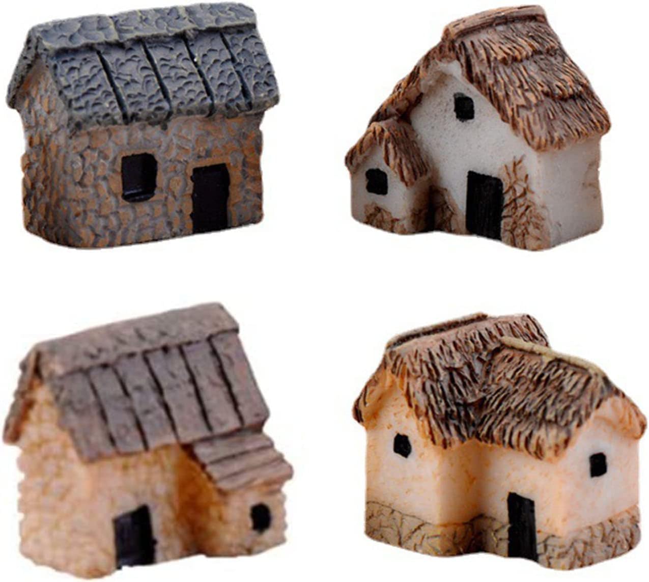 4 Pcs Miniature Fairy Garden Stone House Set - Resin Moss Cottage for Home & Outdoor Decor, Micro Village Thatched Huts, Bonsai Terrarium Crafts, Desk Ornaments for DIY Landscape