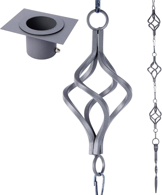 Rain Chain Bird Cage Set 8.5Ft, Wrought Iron Rain Chains for Gutters with Adapter Gotta Drain and Anchoring Stake,13 Birdcage, 1 Hook, Not Rust,Adjustable Length for Garden (Blue Gray)