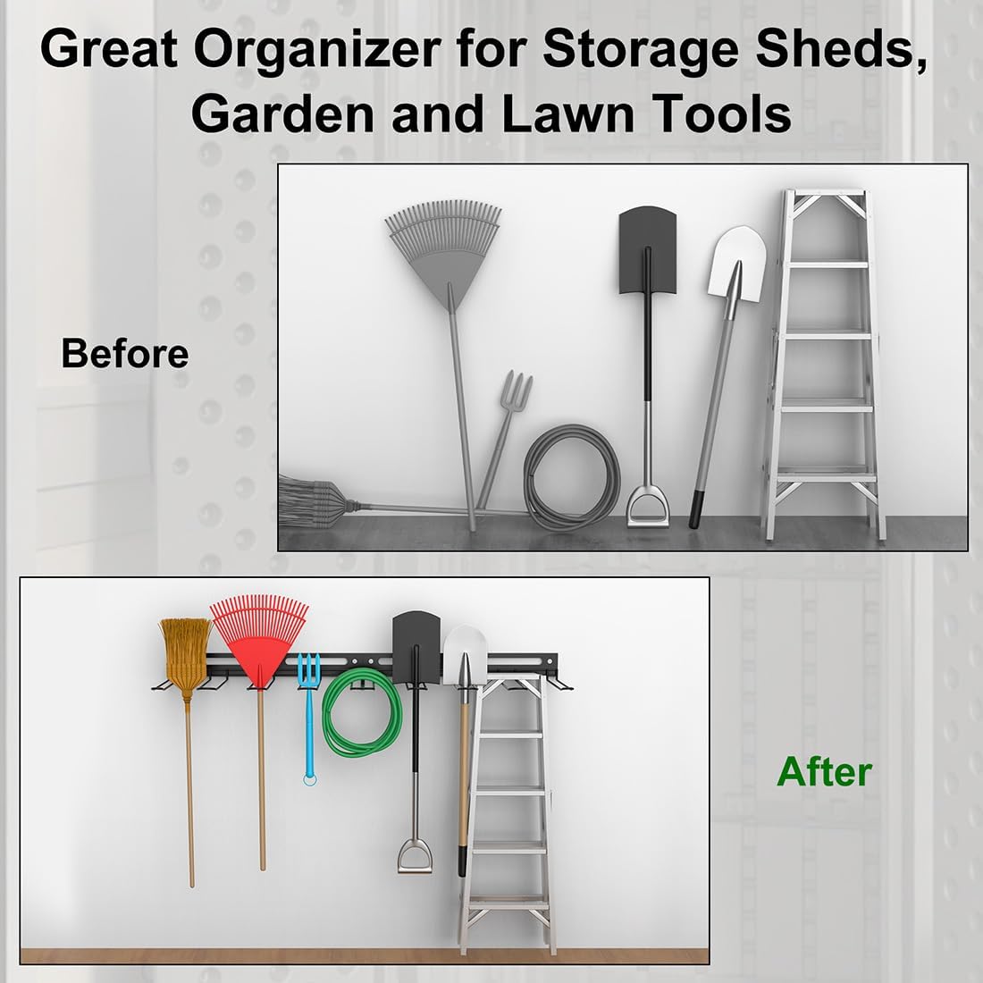 Garage Wall-Mounted Rack, Tool Storage Rack, Garden Tool Rack, Hanging Storage Rack for Yard Tools, Anti-Rust - Easy Installation (2-Pack)
