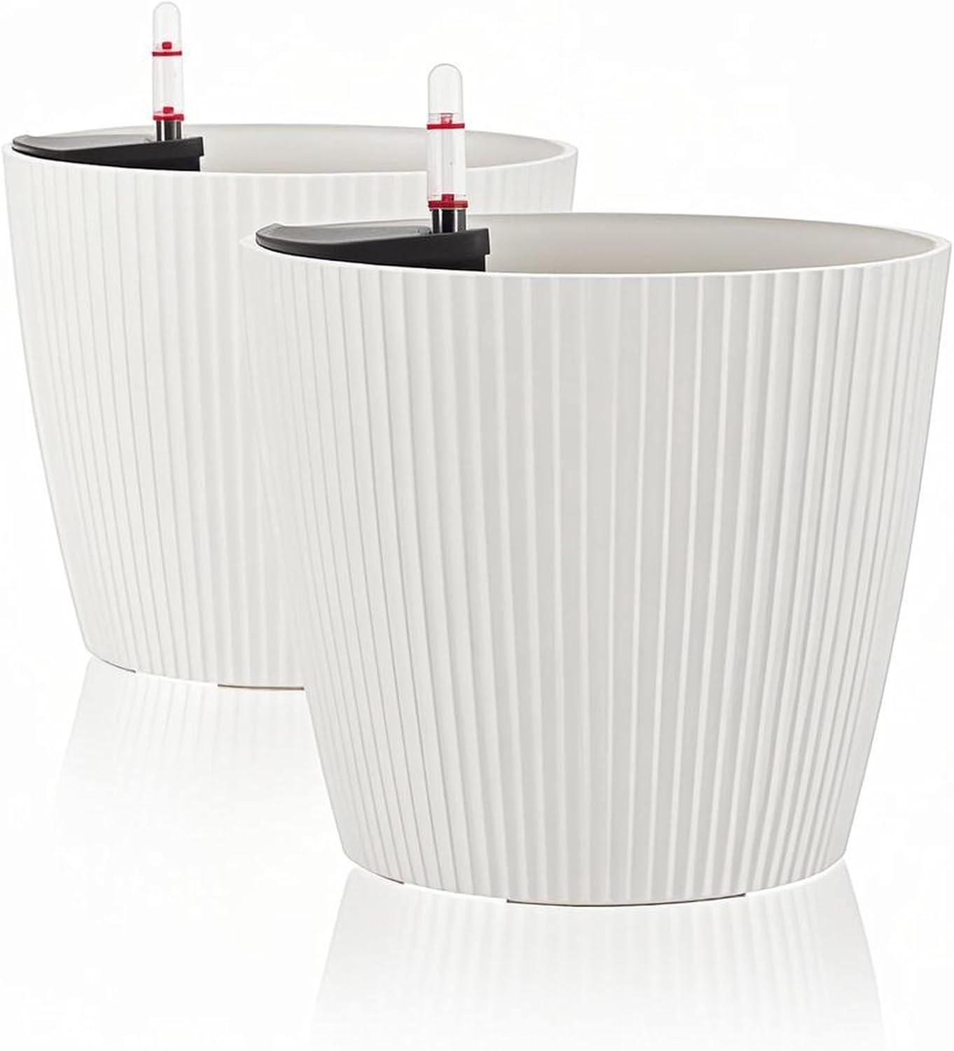 Dexceder 13x12 Self Watering Planters Indoor, Inner Mat Design, Floor Standing Flower Plant Pot with Water Level Indicator (2 Pack, White)