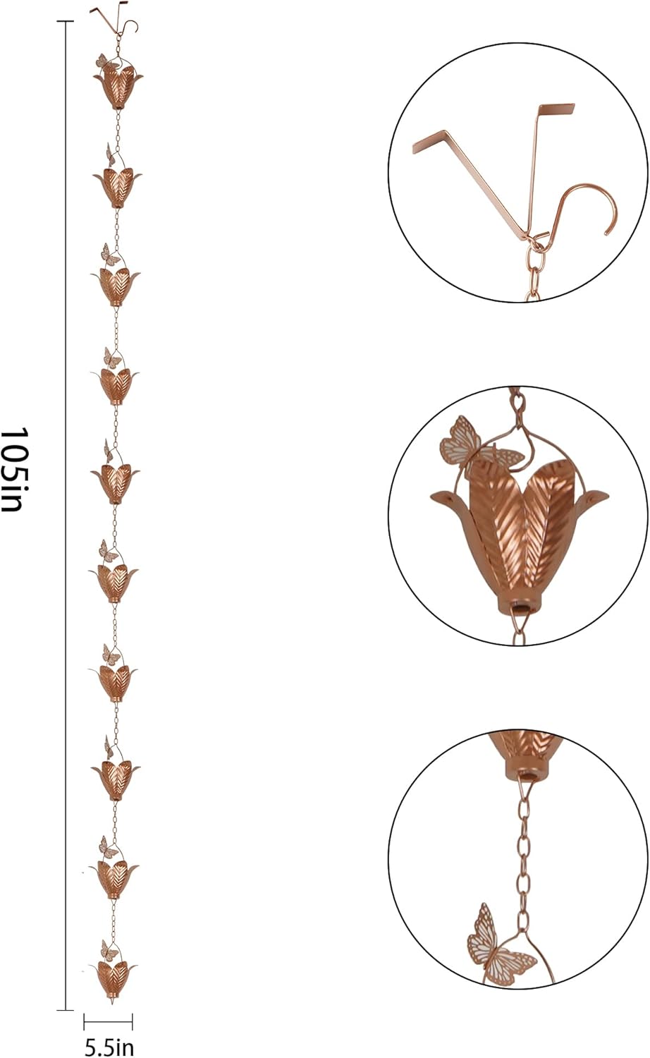 Metal Rain Chain Decoration 8.7FT., Rain Catcher Metal Chain Gutter Downspout 105'' for House Eaves, Garden & Home, Butterfly&Flowers Shape Rain Chains