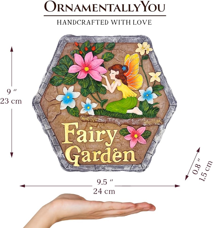 Elegant Resin Stepping Stone, Outdoor Garden Pathway Decoration (Fairy Kisses and Flowers Garden Stepping Stone, 9.5" Outdoor Decoration Statue)