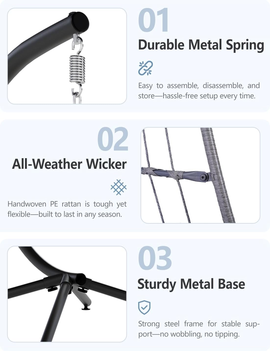 SWITTE Egg Chair Outdoor with Stand, Indoor Wicker Hanging Egg Swing Chair with Cushion, 350lbs Capacity for Patio, Bedroom, Garden - Dark Grey