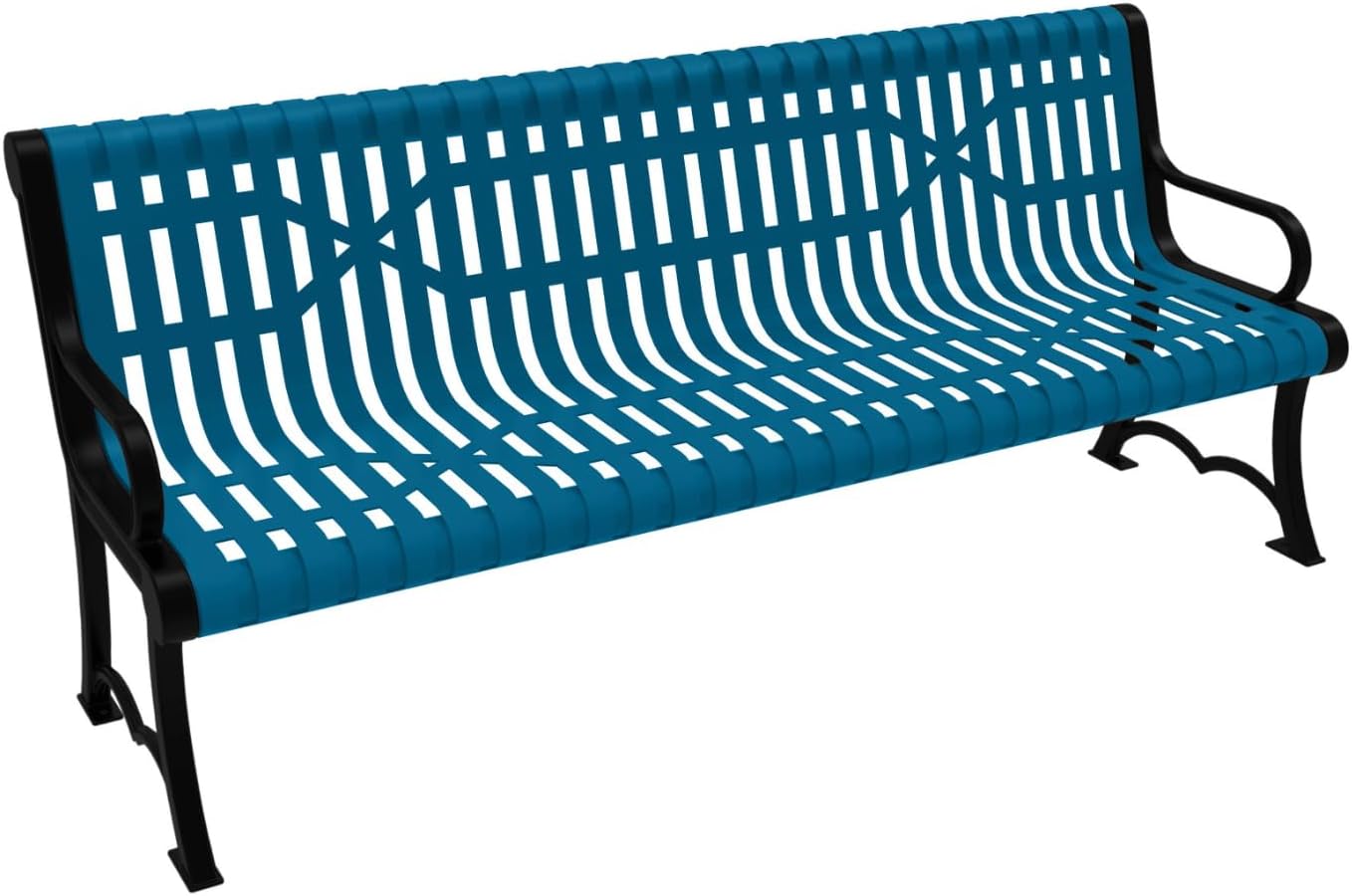 Coated Outdoor Furniture Heavy-Duty Outdoor Bench Thermoplastic Coated, Slated Steel, Commercial-Grade Garden Bench, Made in America (Portable with Back, 6 Ft, Light Blue)