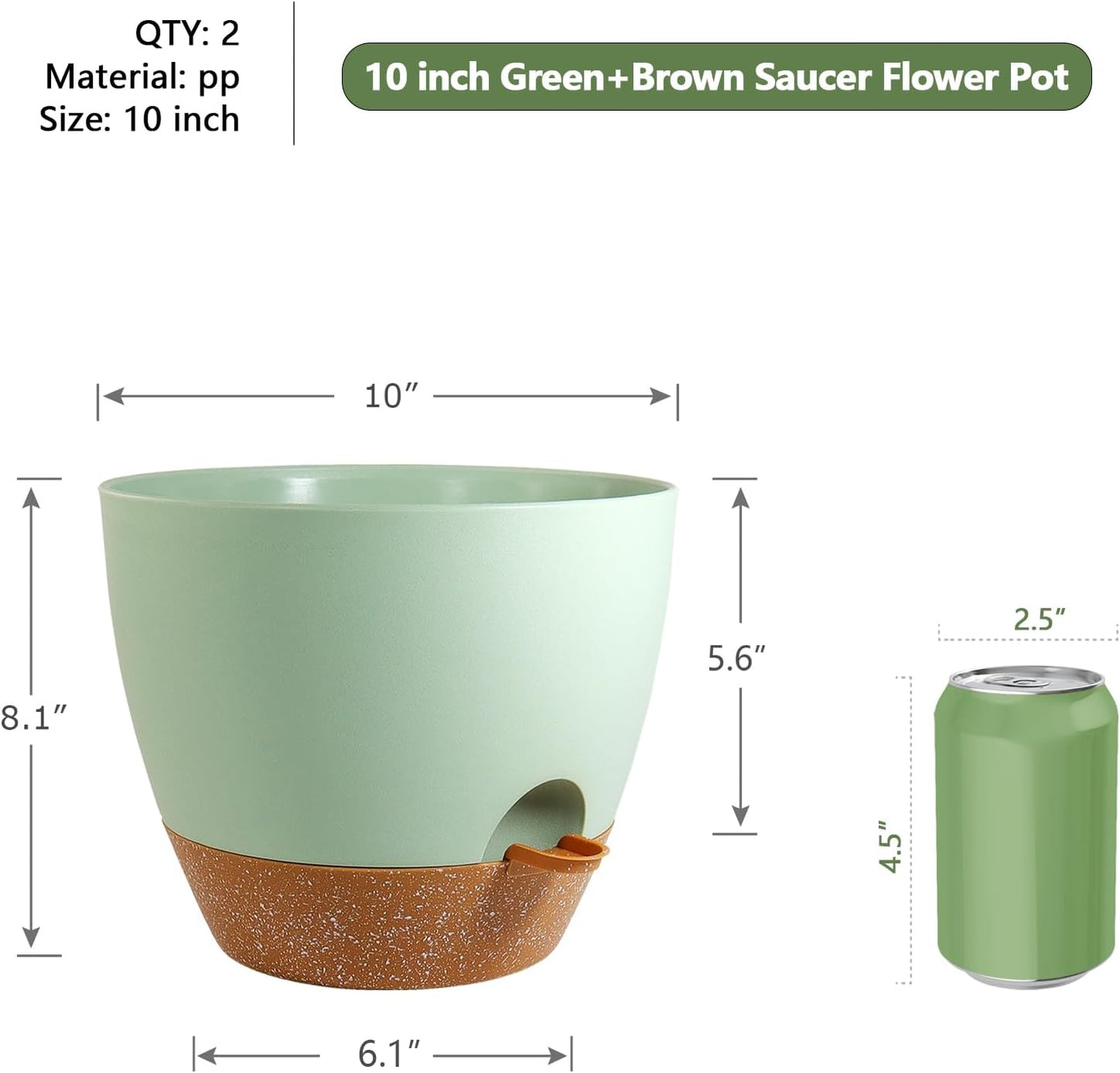 10 inch Self Watering Pots, 2 Pack Plastic Planters with Mesh Drainage Holes for Garden Plants and Flower, Plants Pots with Deep Reservoir for Indoor Outdoor Plants, Green with Brown
